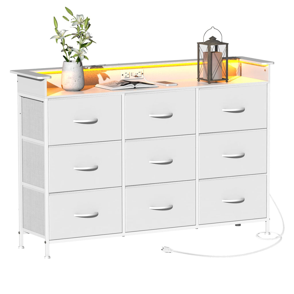 White 9 Drawer Dresser with LED Light and Charging Station I190727
