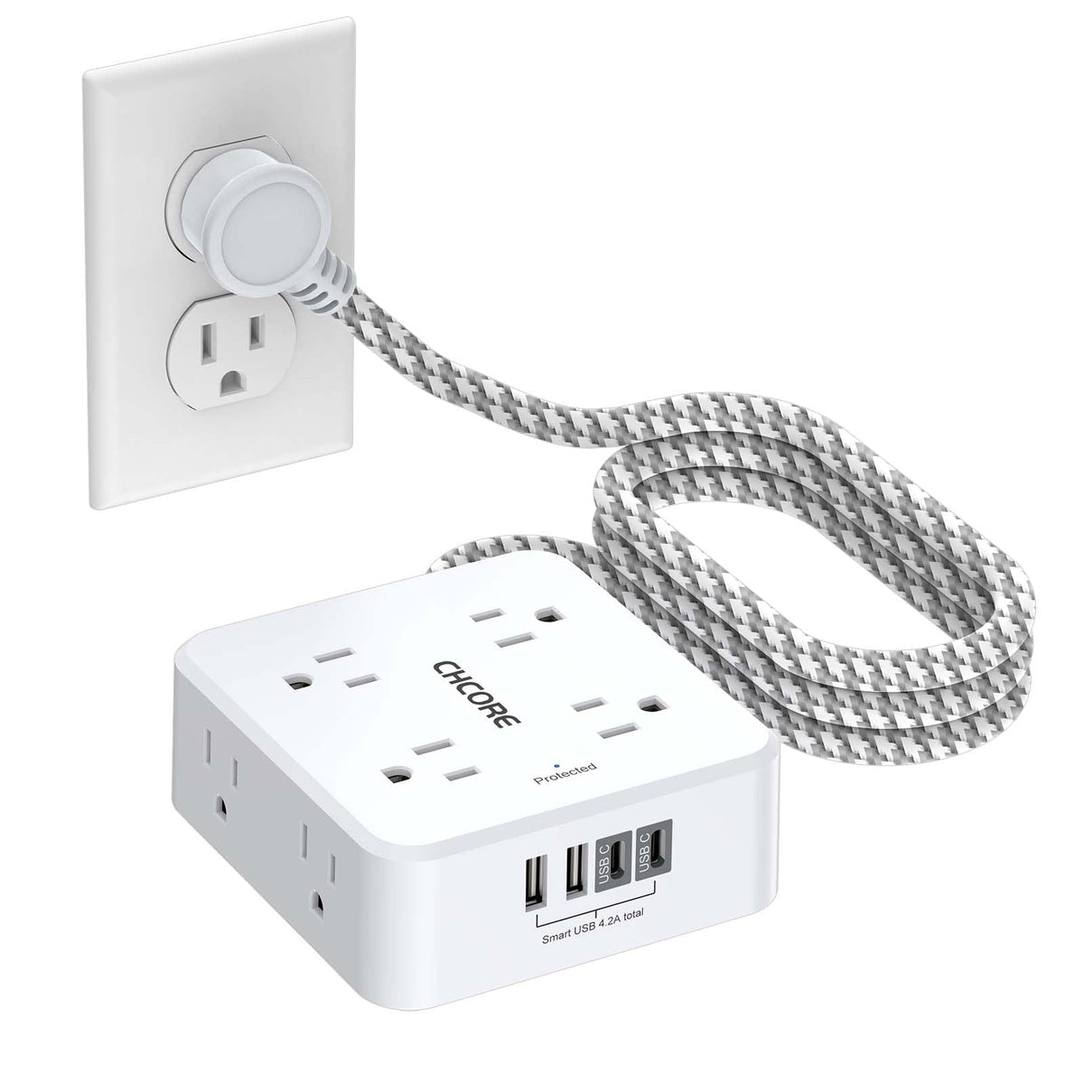 5Ft Braided Extension Cord Power Strip with 8 Outlets and 4 USB Ports, White N81832