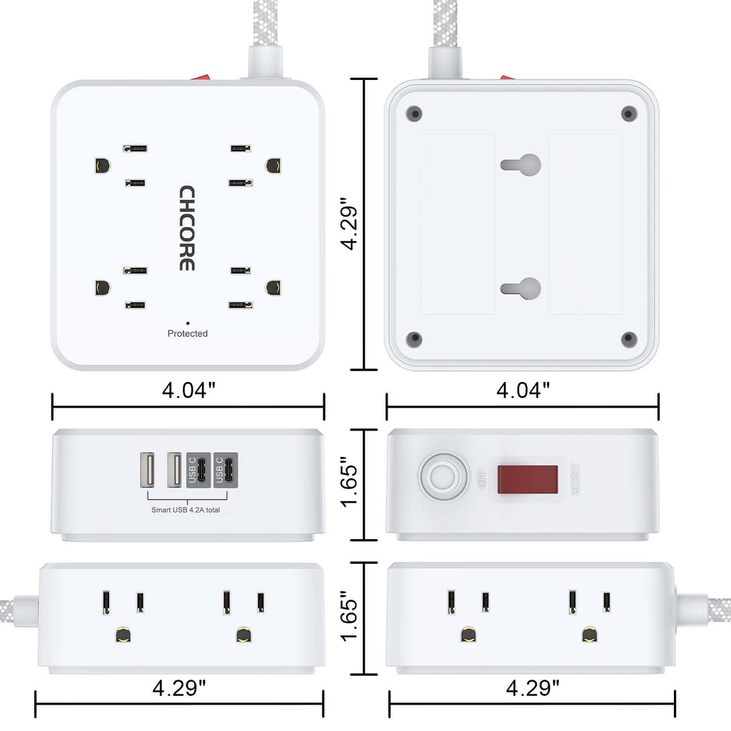 5Ft Braided Extension Cord Power Strip with 8 Outlets and 4 USB Ports, White N81832