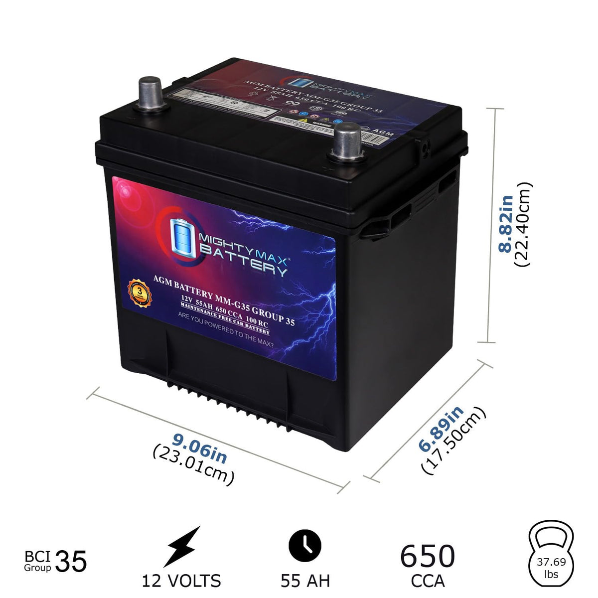 12V 55Ah AGM 650 CCA Group Size 35 Battery E105