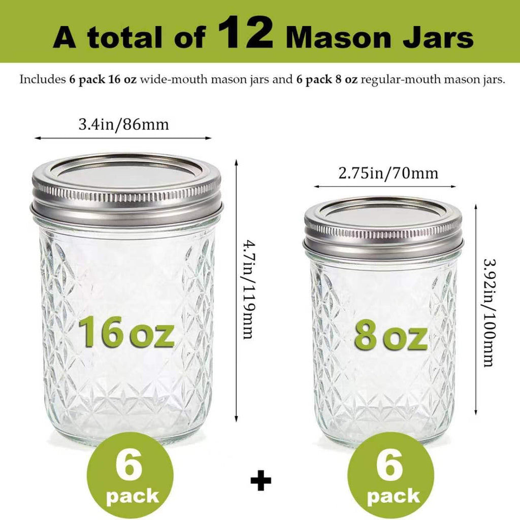 12 Pack Glass Mason Jars with Lids 16 oz & 8 oz Q85562