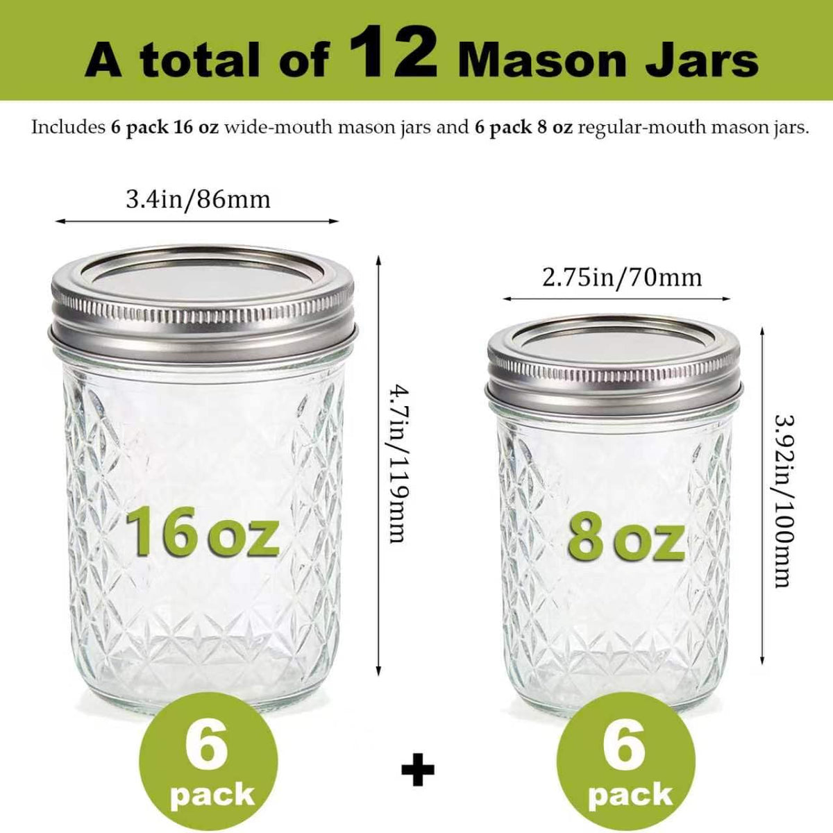 12 Pack Glass Mason Jars with Lids 16 oz & 8 oz Q85562