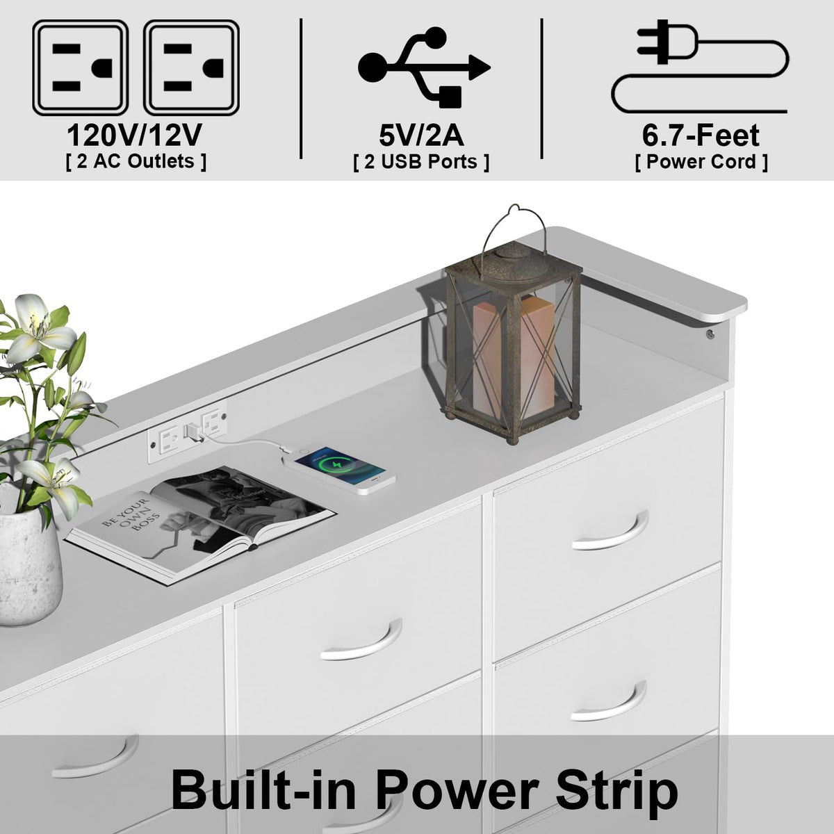 White 9 Drawer Dresser with LED Light and Charging Station I190727