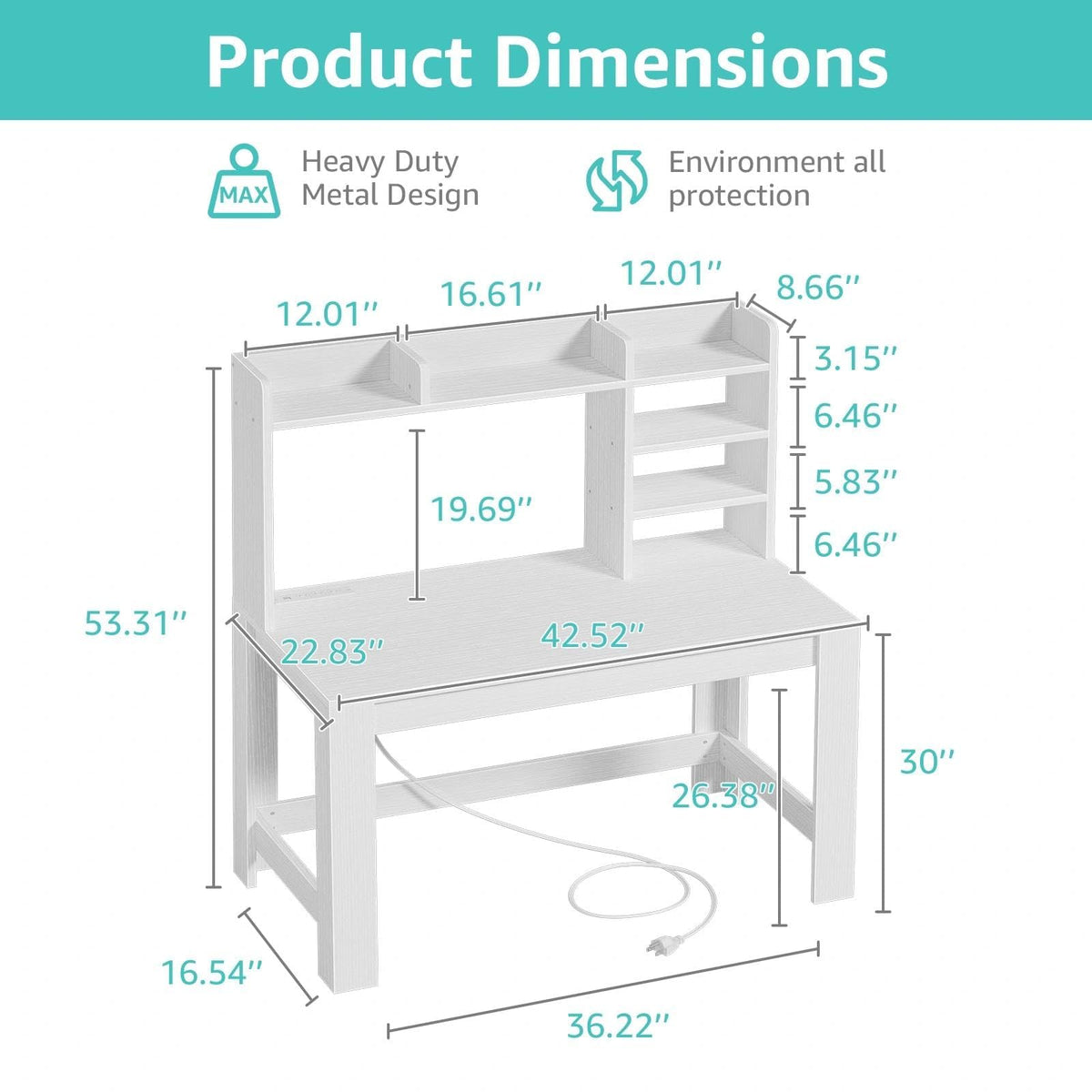 White Student Desk with Hutch and Built-in Power Outlet A36820