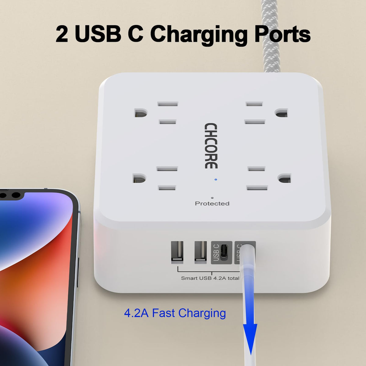 5Ft Braided Extension Cord Power Strip with 8 Outlets and 4 USB Ports, White N81832