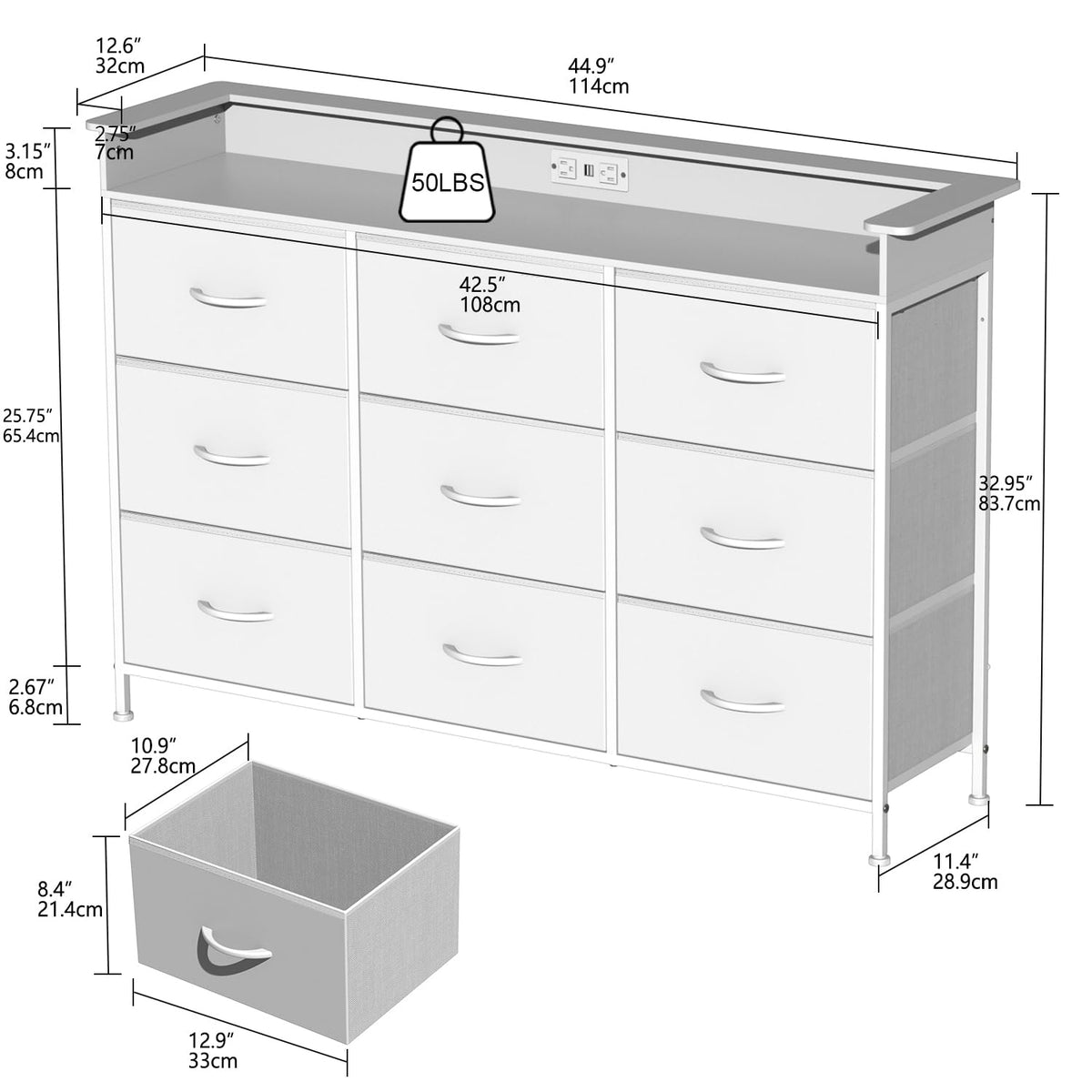White 9 Drawer Dresser with LED Light and Charging Station I190727