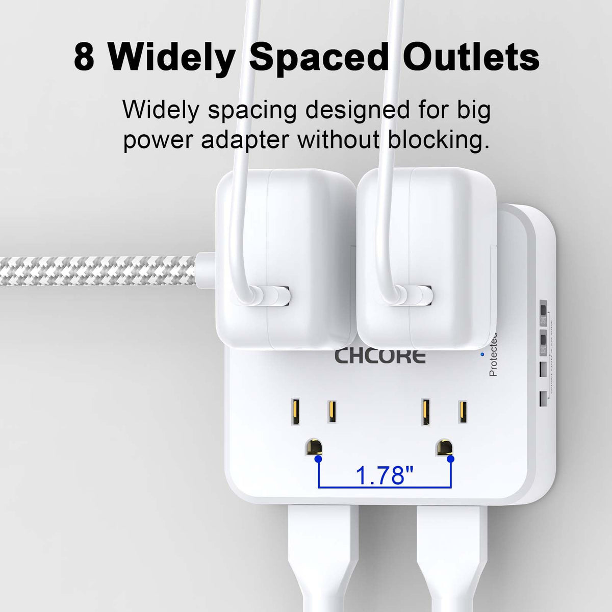 5Ft Braided Extension Cord Power Strip with 8 Outlets and 4 USB Ports, White N81832