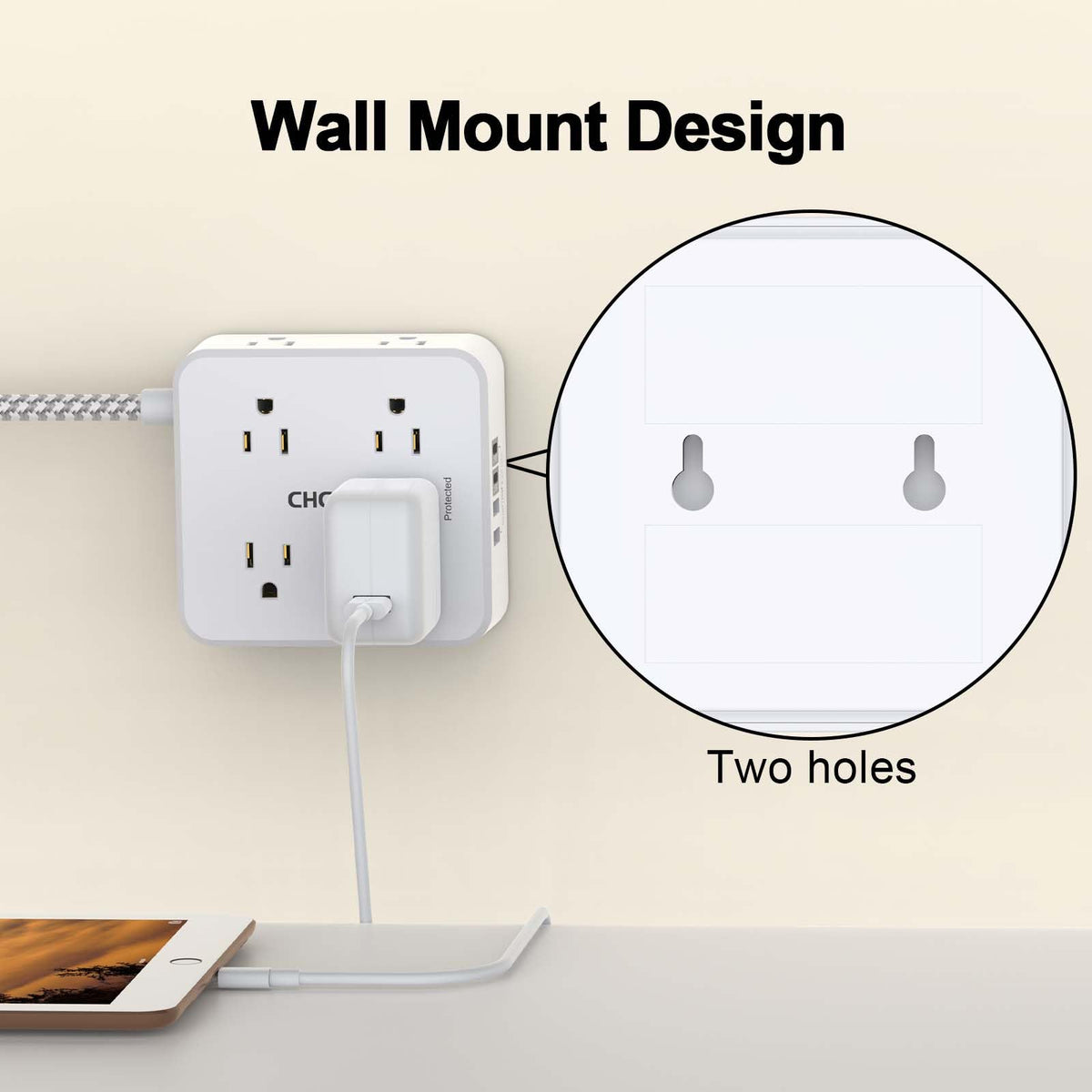 5Ft Braided Extension Cord Power Strip with 8 Outlets and 4 USB Ports, White N81832