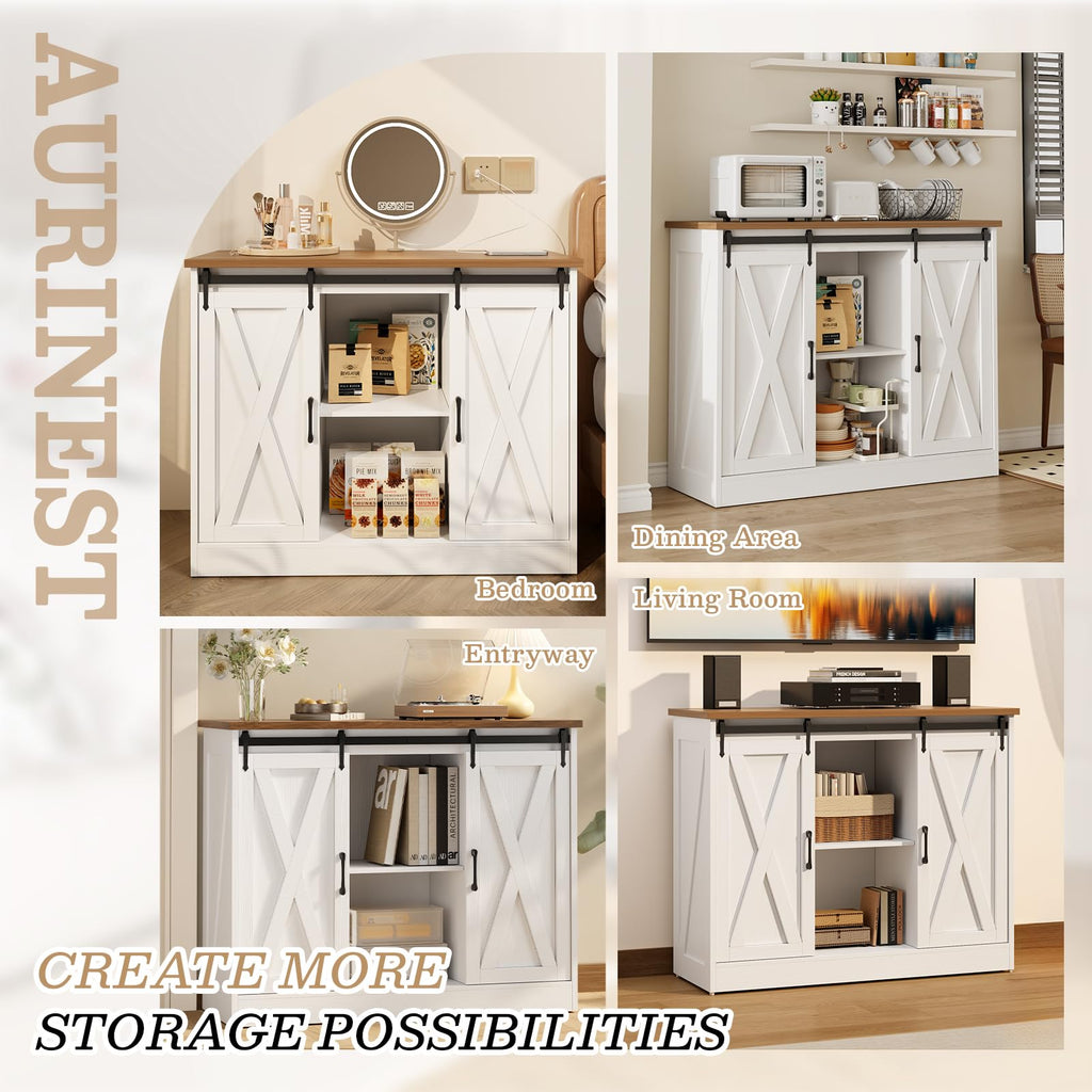 Rustic White Coffee Bar Cabinet with Sliding Barn Doors B844