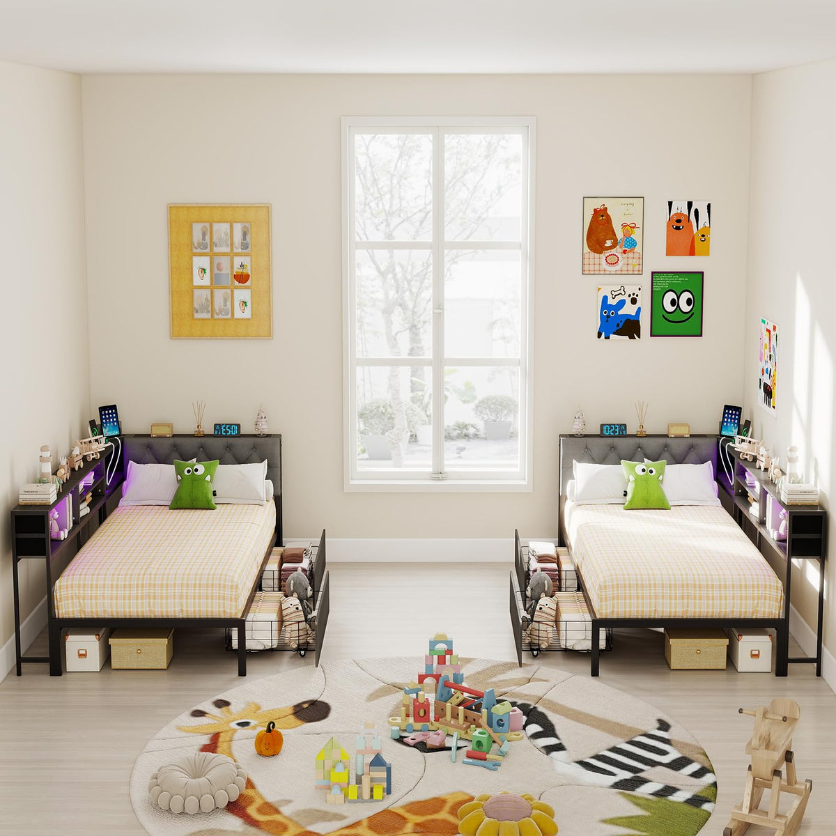 Gray Twin Corner Bed Frame with Storage Bookcase and Headboard M67379