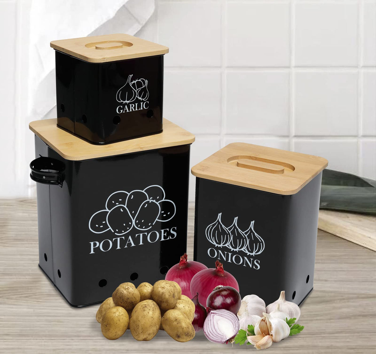 Black 3 Pack Kitchen Canisters Set with Wooden Lid I4936