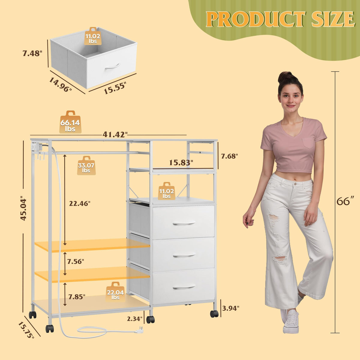 White 3 Drawer Dresser with Hanging Rack J890