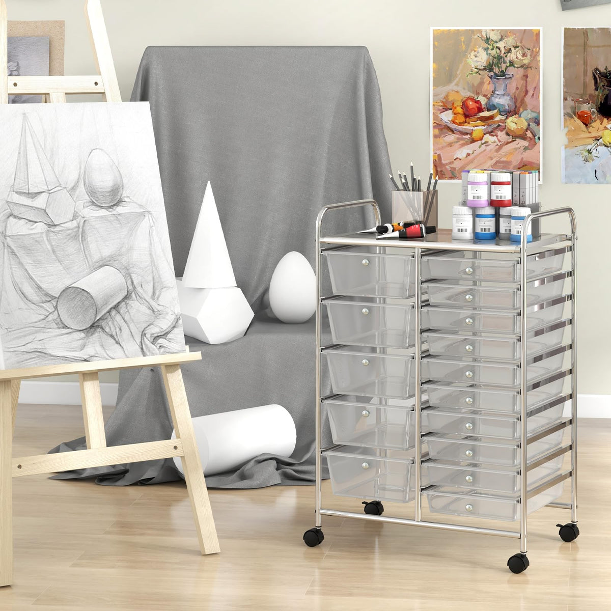 15 Drawer Rolling Storage Cart with Metal Frame K3008