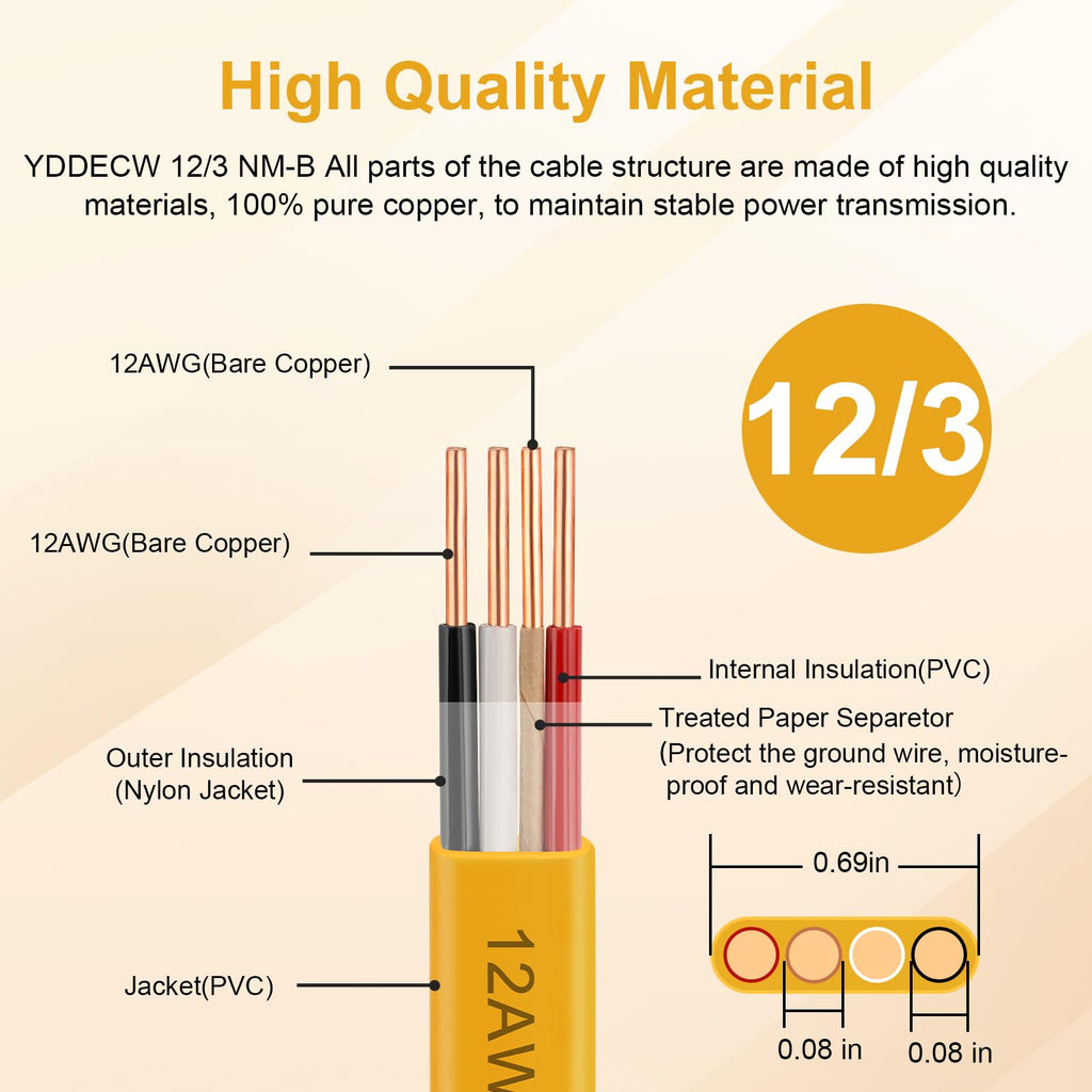 12 AWG 3 Conductor NM-B Wire with Ground 100FT I35036