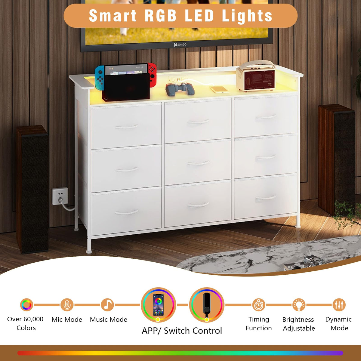 White 9 Drawer Dresser with LED Light and Charging Station I190727