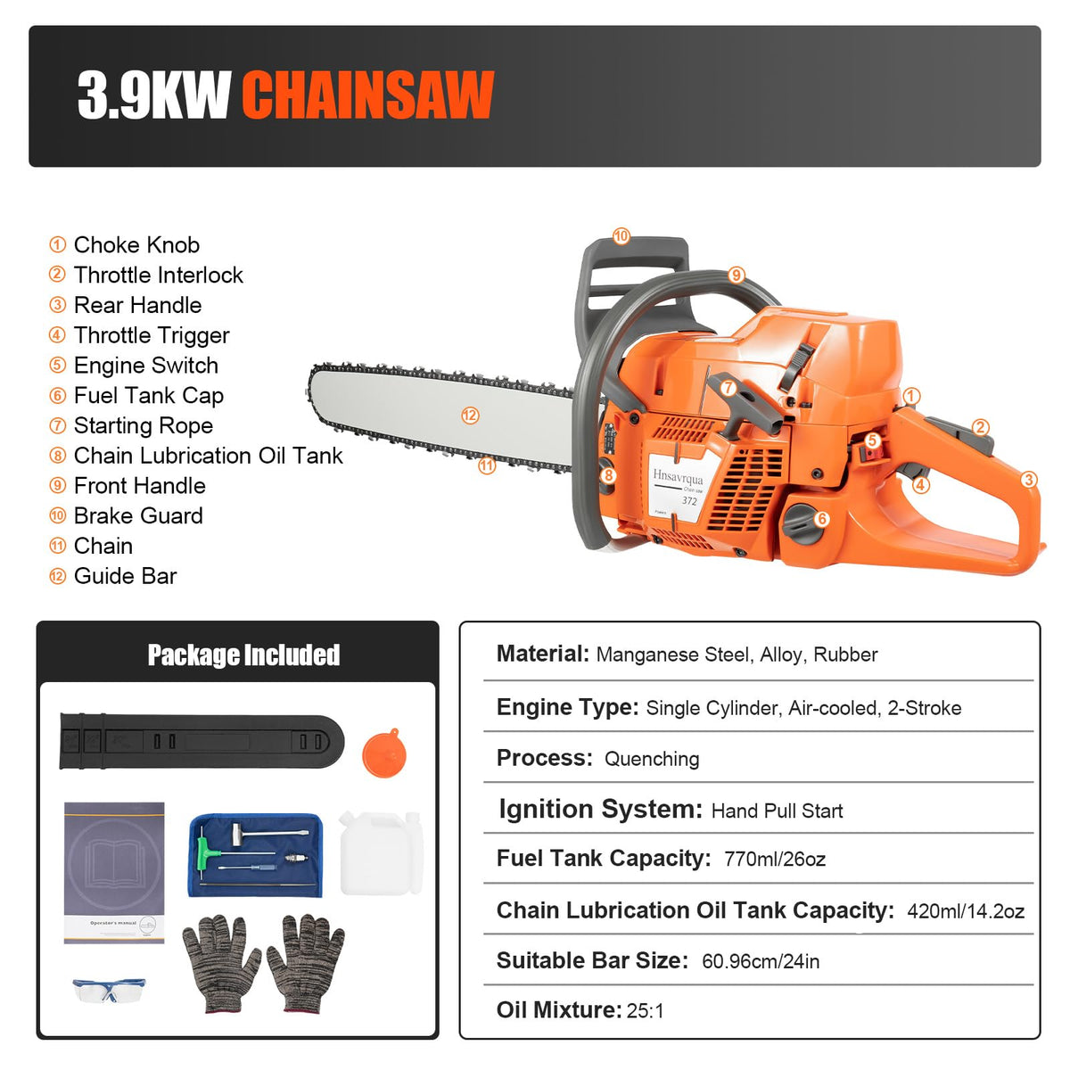 72CC Gas Chainsaw 2 Stroke 24'' Guide Board C8832