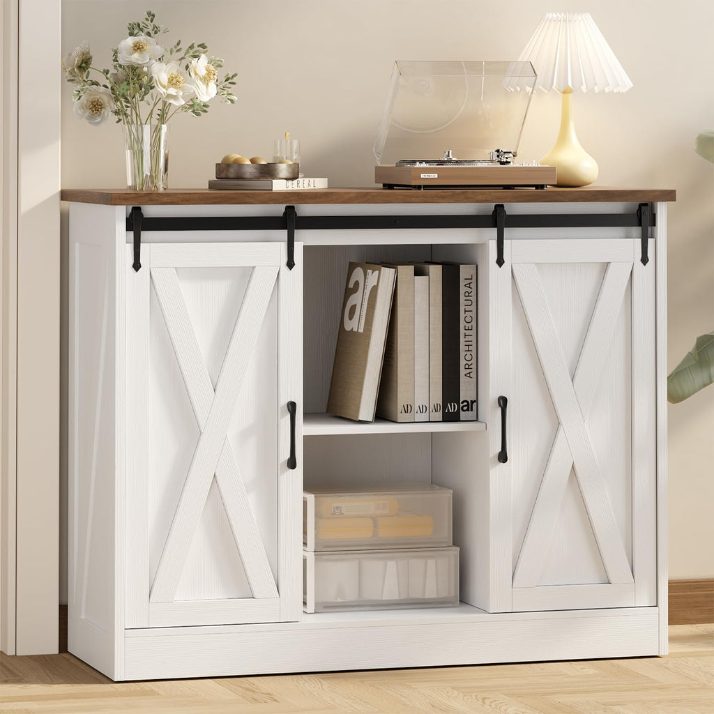 Rustic White Coffee Bar Cabinet with Sliding Barn Doors B844
