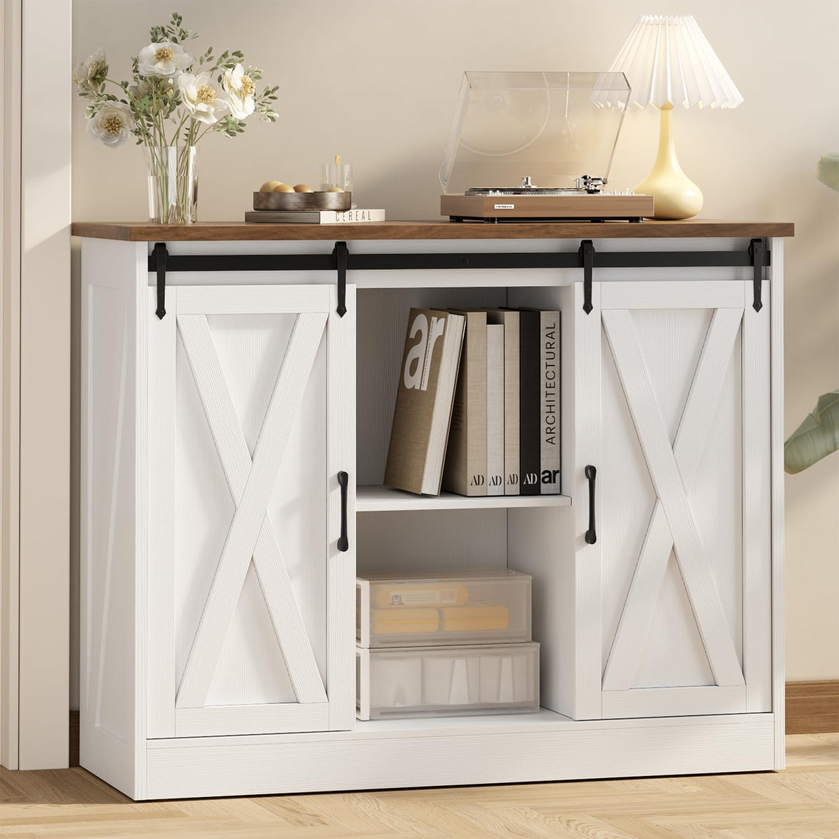 Rustic White Coffee Bar Cabinet with Sliding Barn Doors B844
