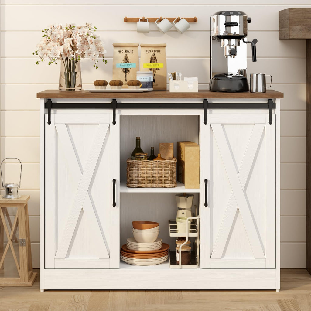 Rustic White Coffee Bar Cabinet with Sliding Barn Doors B844