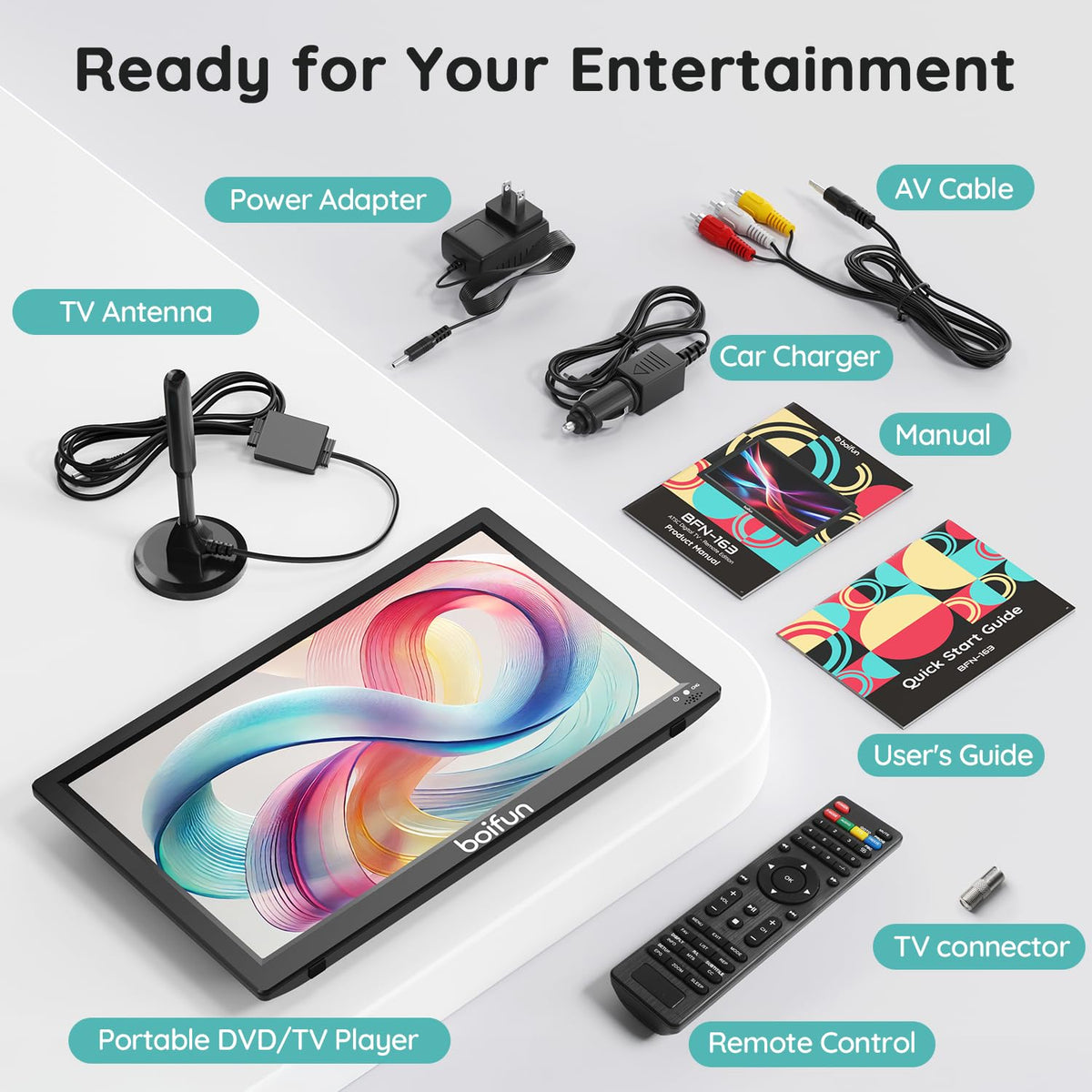 15.6" Portable TV DVD Combo with Antenna, FM Radio, 5000mAh Battery, Black H806