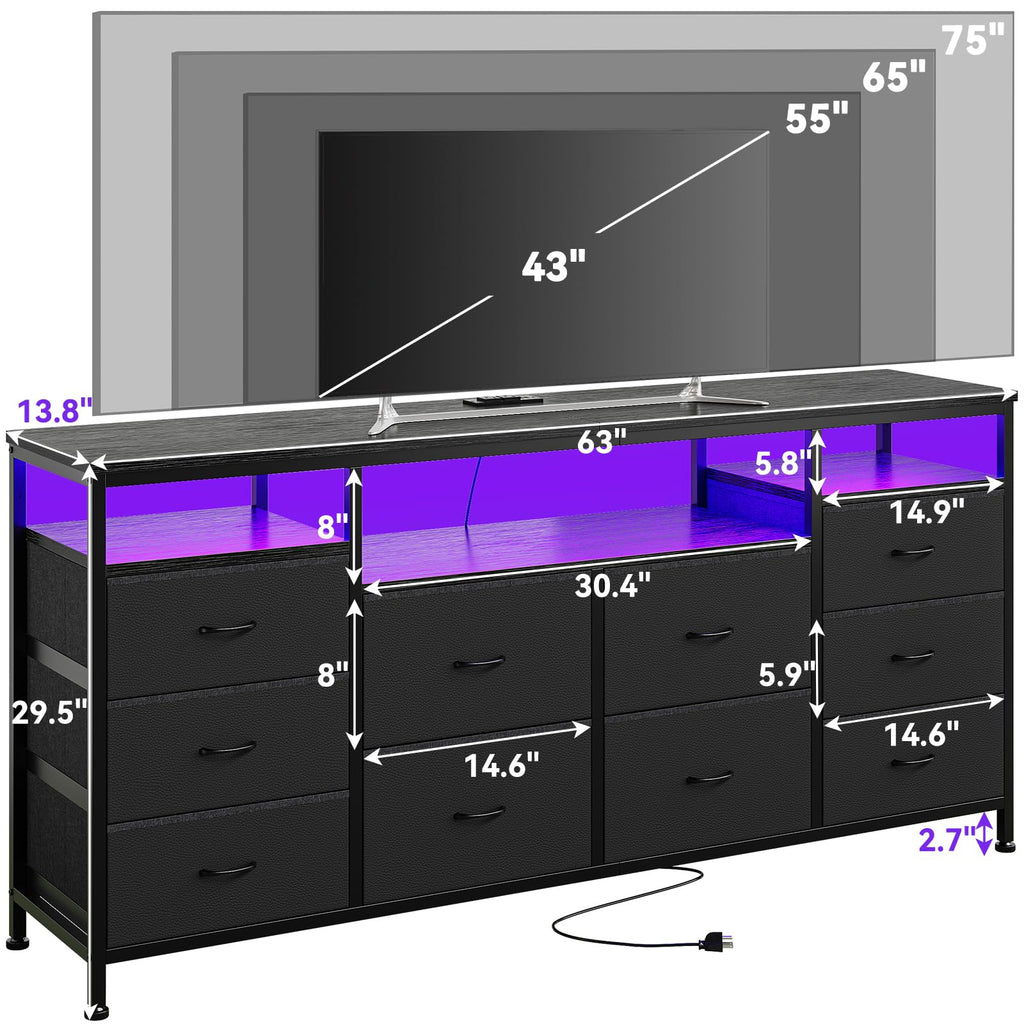 10 Drawer Dresser TV Stand with LED Lights and Power Outlets D4540