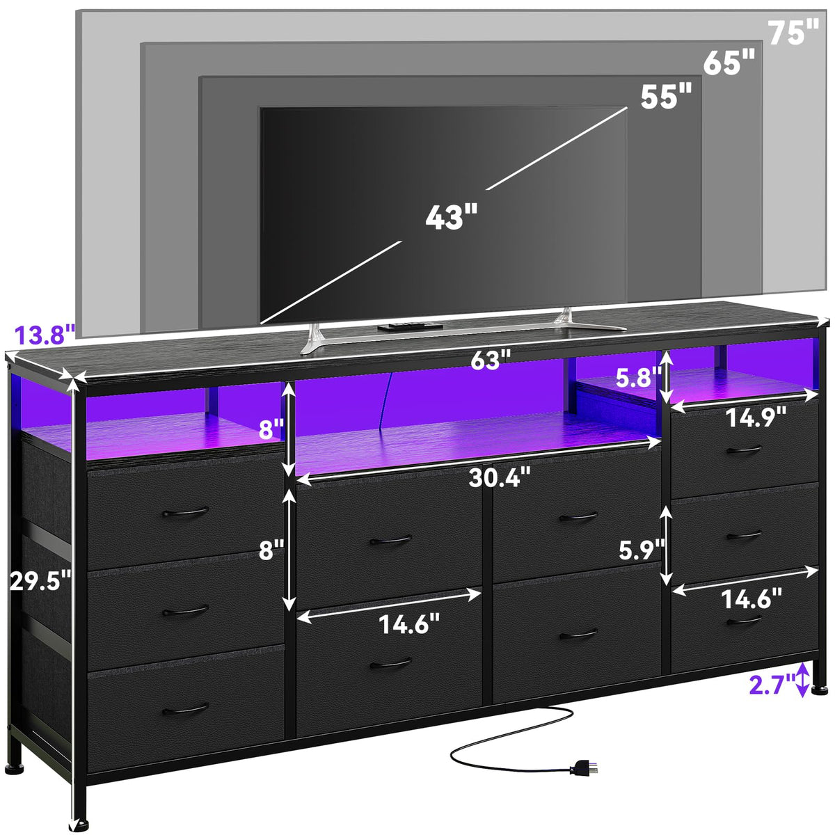 10 Drawer Dresser TV Stand with LED Lights and Power Outlets D4540