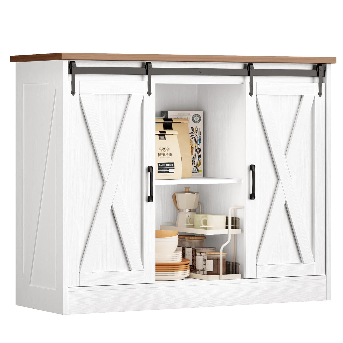 Rustic White Coffee Bar Cabinet with Sliding Barn Doors B844