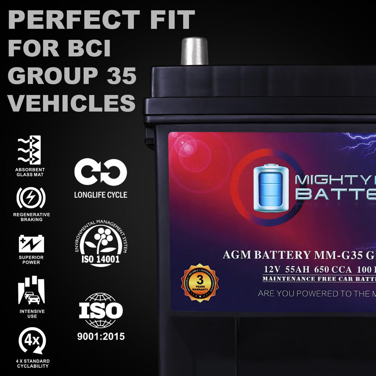 12V 55Ah AGM 650 CCA Group Size 35 Battery E105