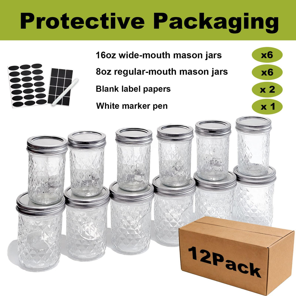 12 Pack Glass Mason Jars with Lids 16 oz & 8 oz Q85562