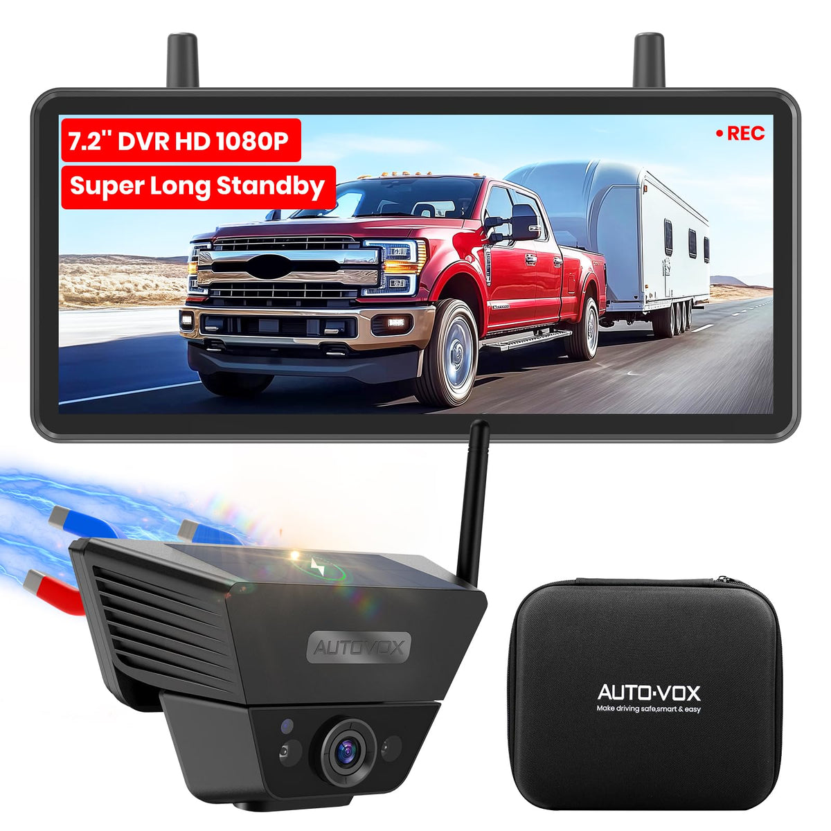 Wireless Backup Camera Solar Magnetic 7.2" 1080P Monitor Z8478