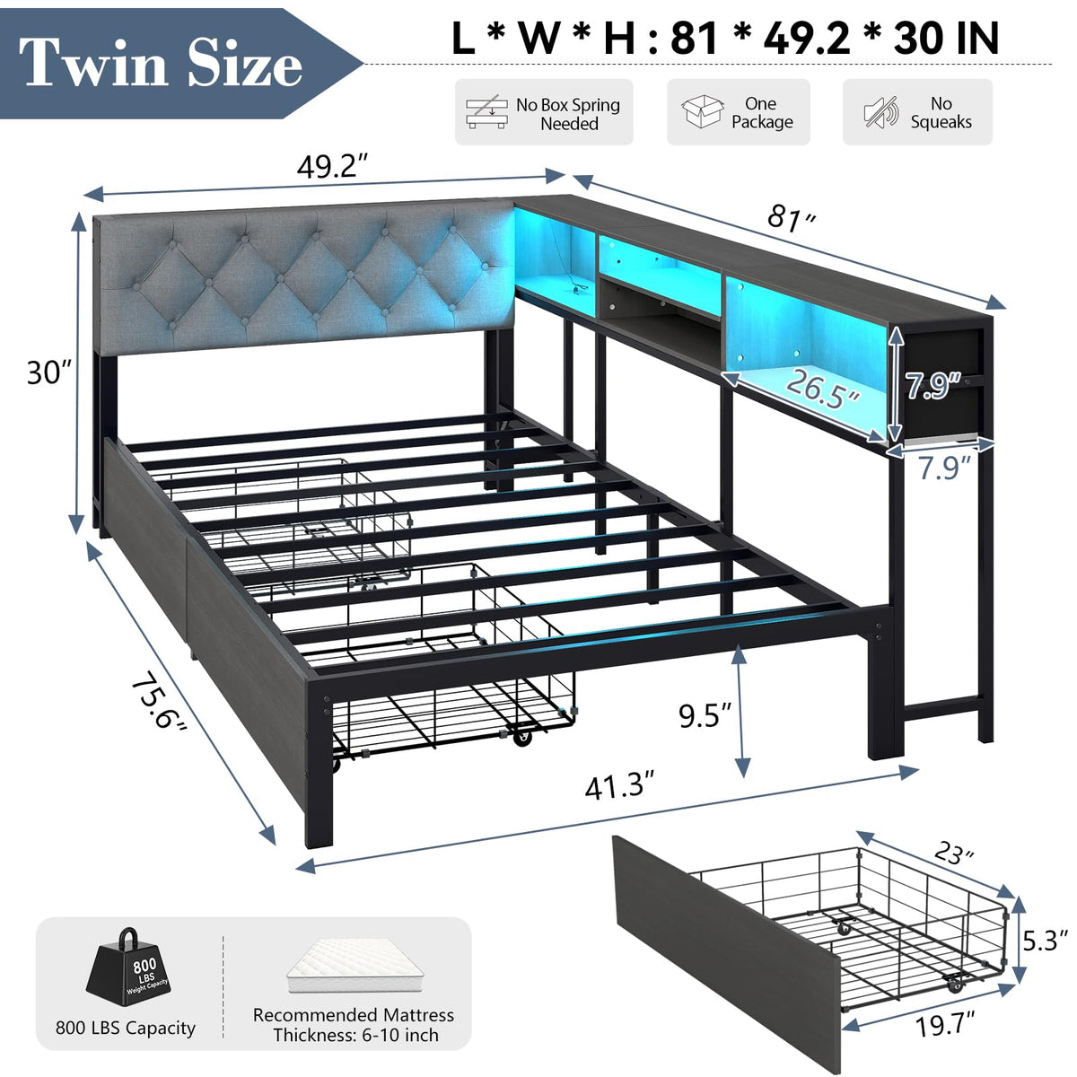 Gray Twin Corner Bed Frame with Storage Bookcase and Headboard M67379