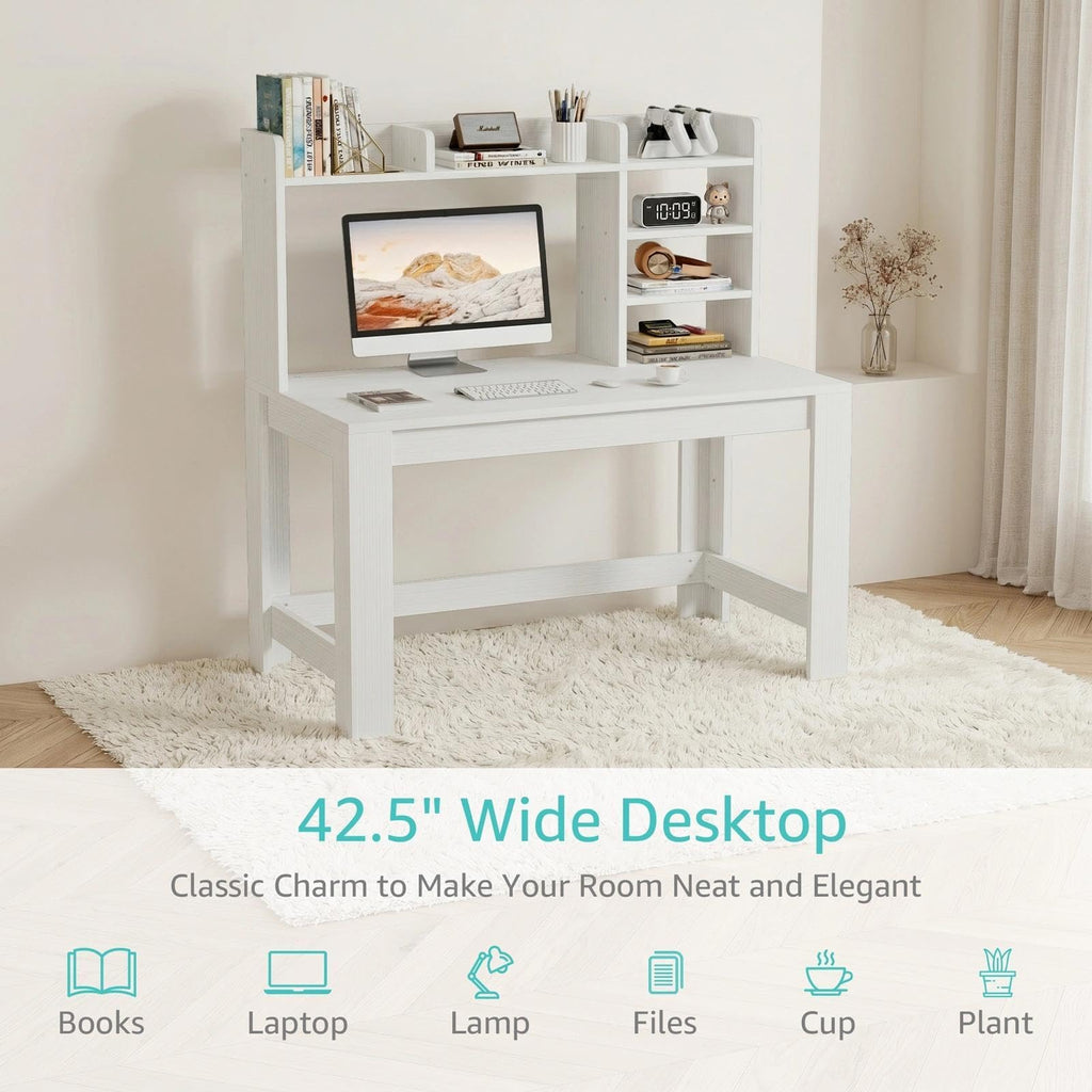 White Student Desk with Hutch and Built-in Power Outlet A36820