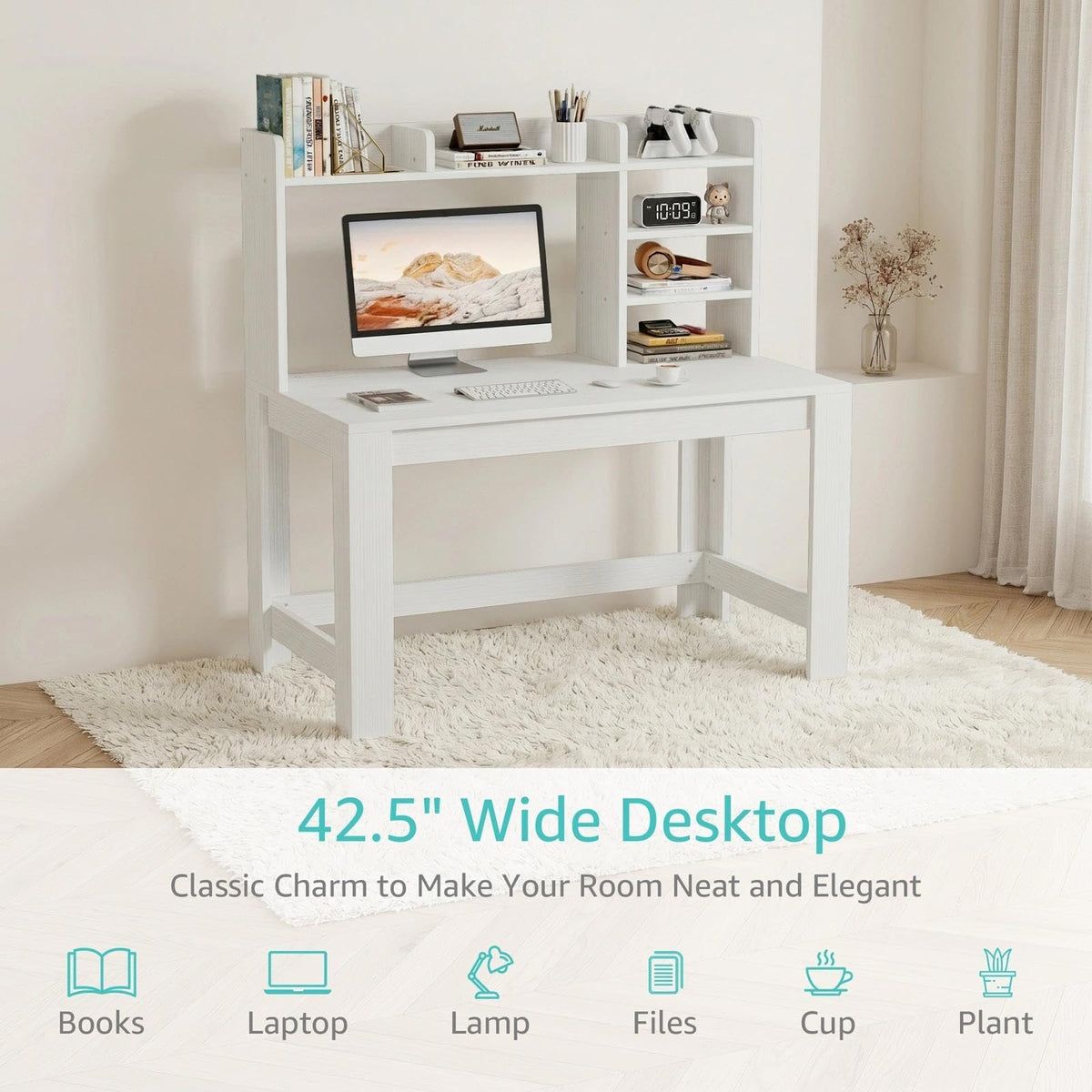White Student Desk with Hutch and Built-in Power Outlet A36820