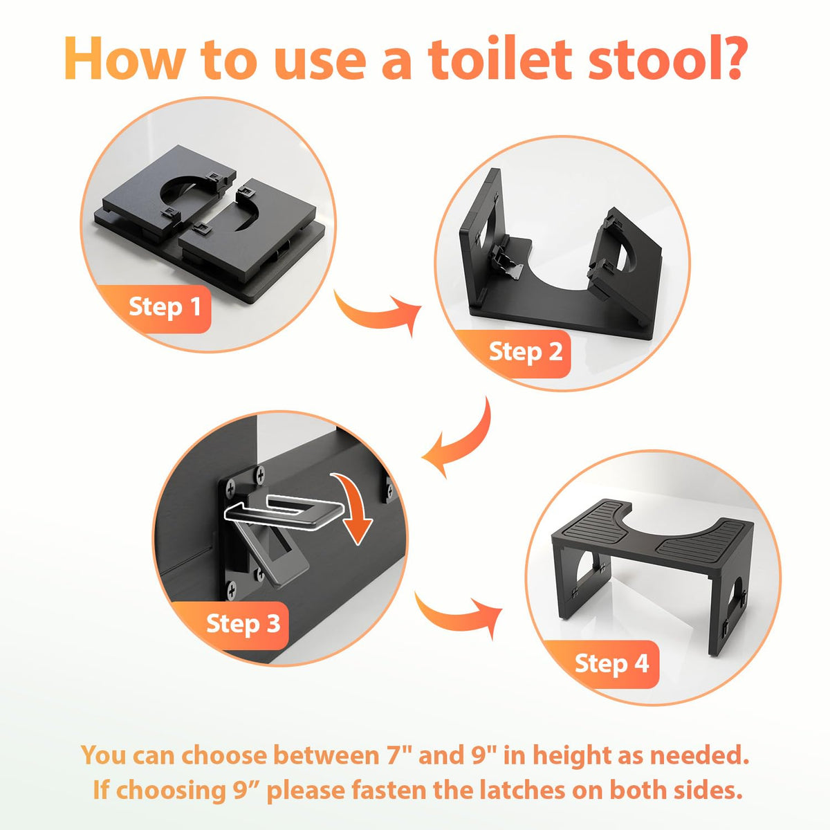 Folding Toilet Stool 7"&9" Adjustable Black Z255