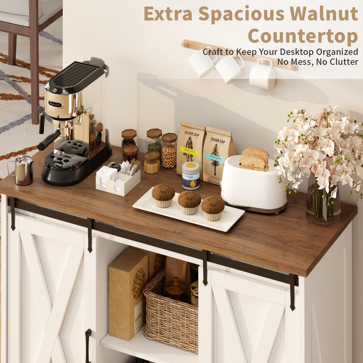Rustic White Coffee Bar Cabinet with Sliding Barn Doors B844