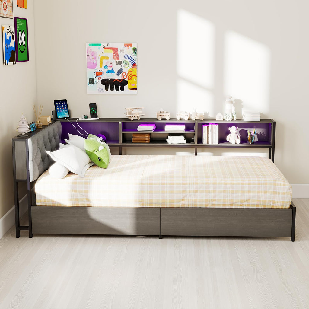 Gray Twin Corner Bed Frame with Storage Bookcase and Headboard M67379