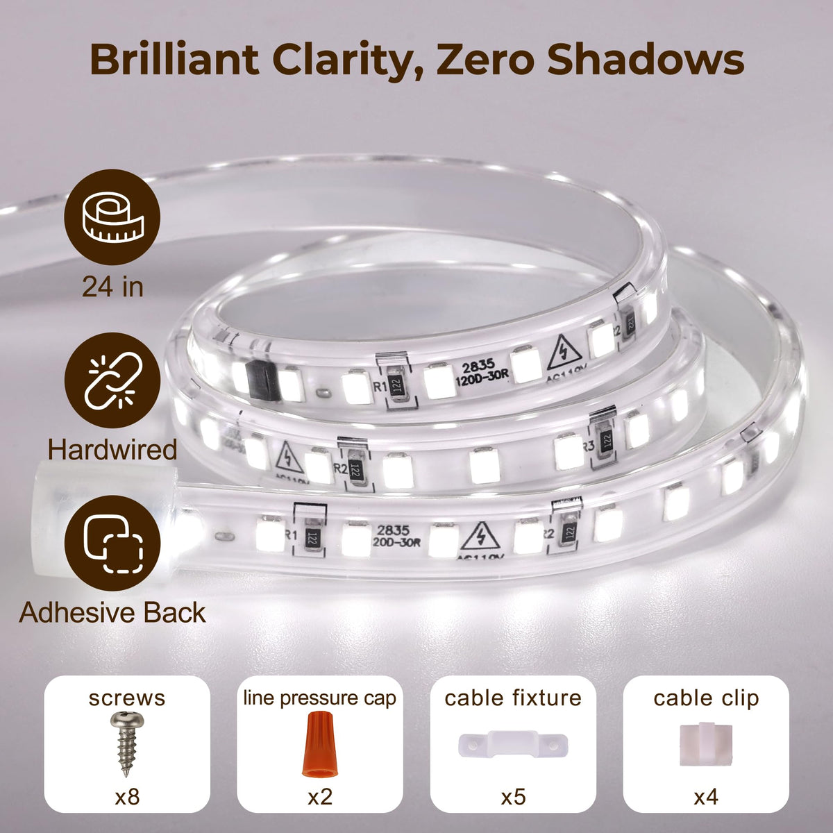 24inch 120V Wired Under Cabinet LED Strip Lights 6000K White Waterproof M4210