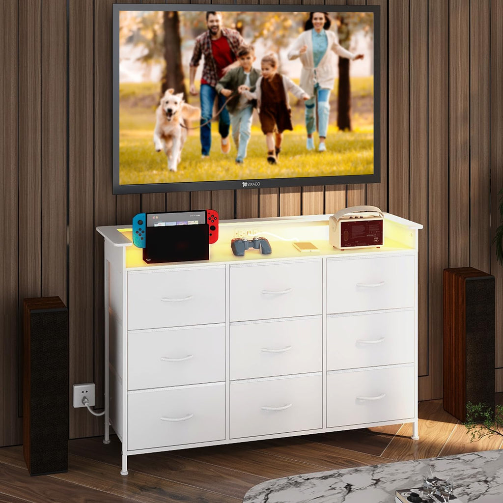 White 9 Drawer Dresser with LED Light and Charging Station I190727