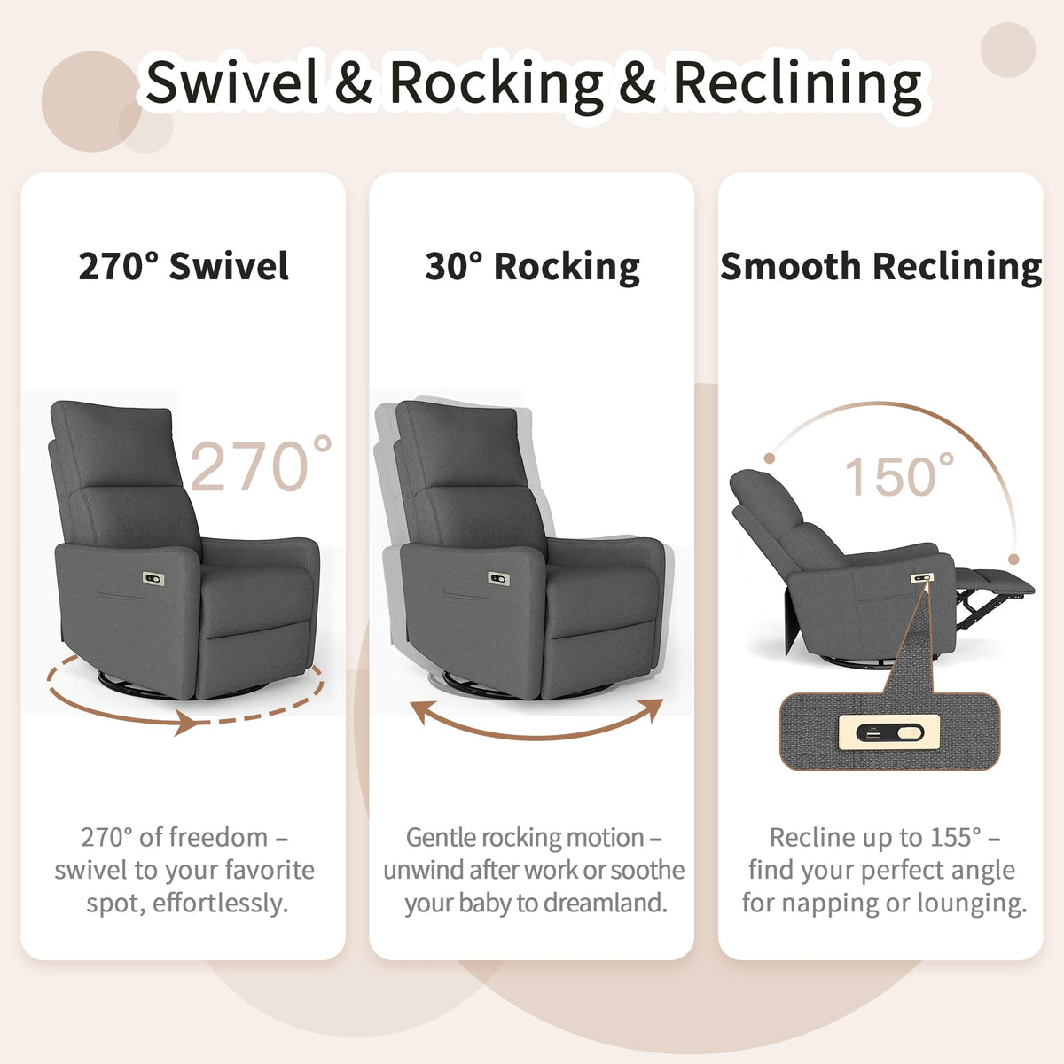 Dark Gray Velvet Swivel Rocker Chair Q73037