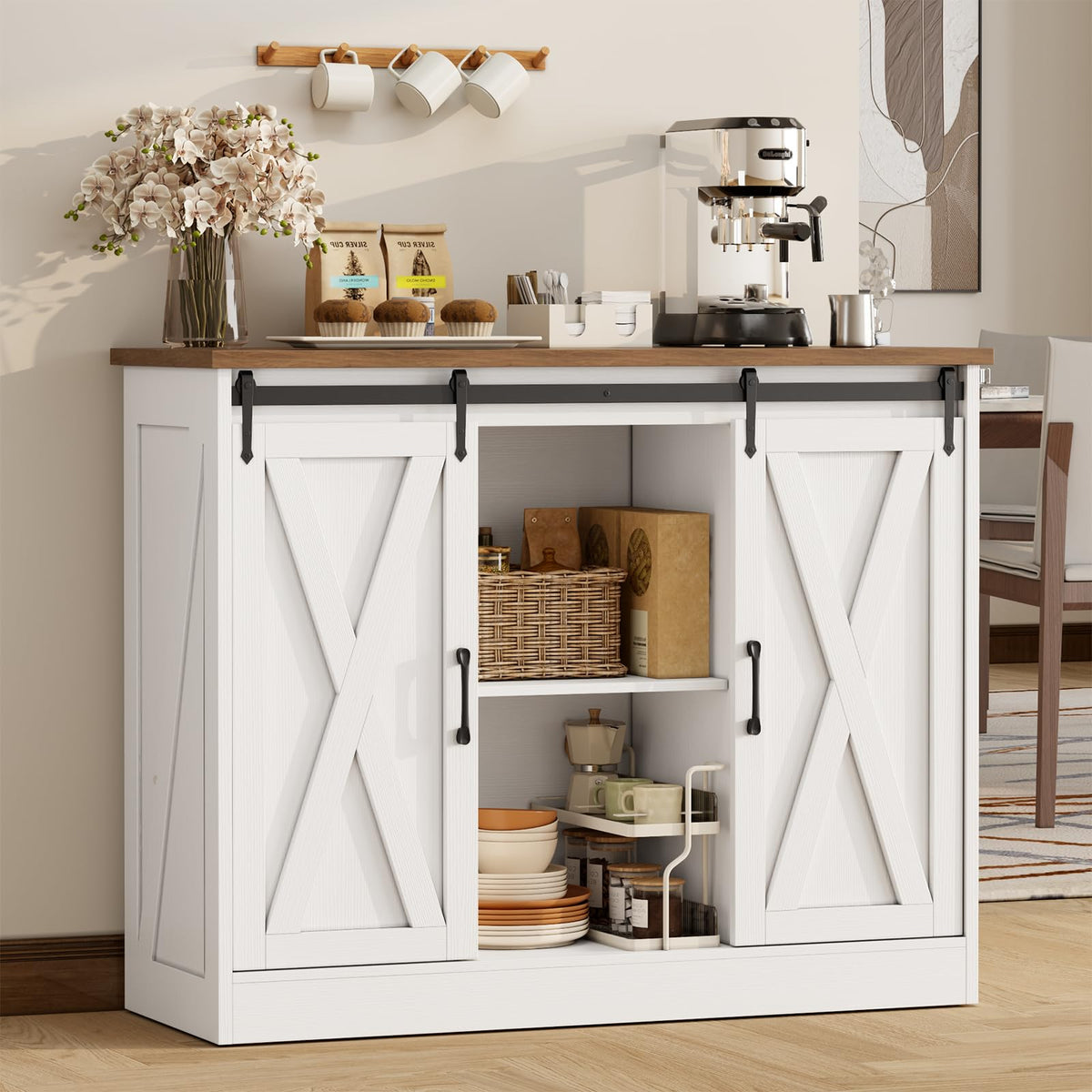 Rustic White Coffee Bar Cabinet with Sliding Barn Doors B844
