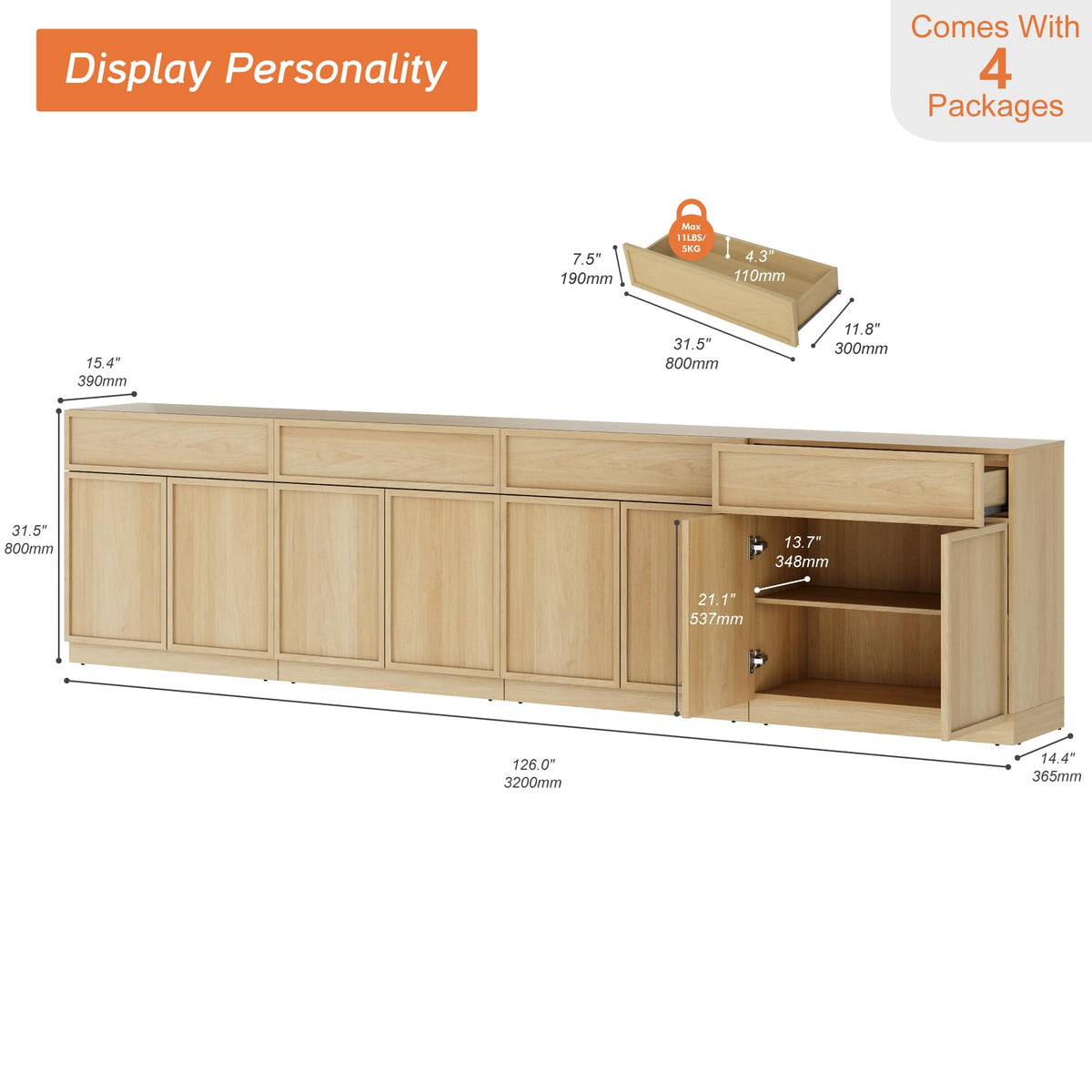 Oak TV Stand with 8 Doors and Drawers L632027