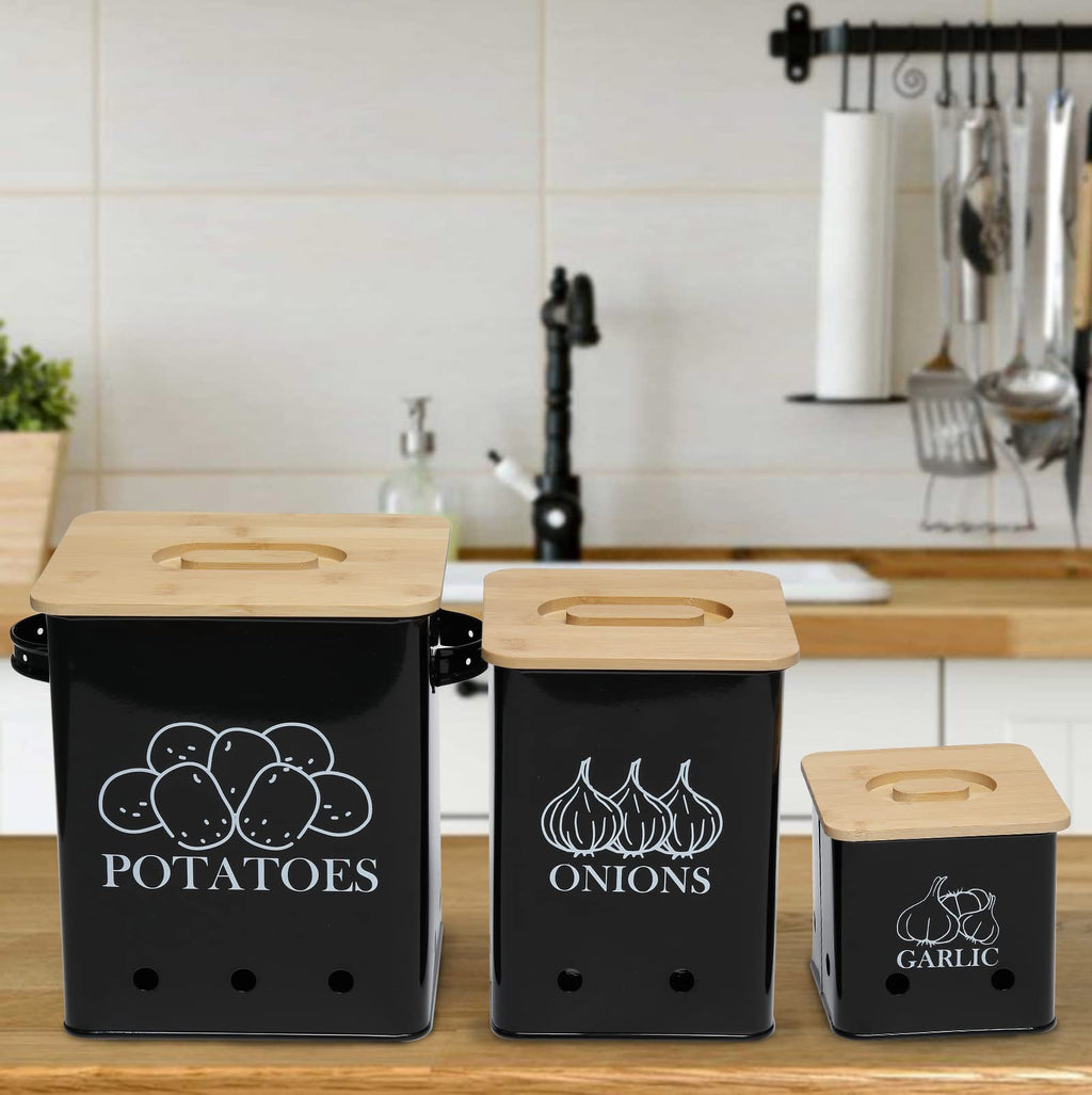 Black 3 Pack Kitchen Canisters Set with Wooden Lid I4936