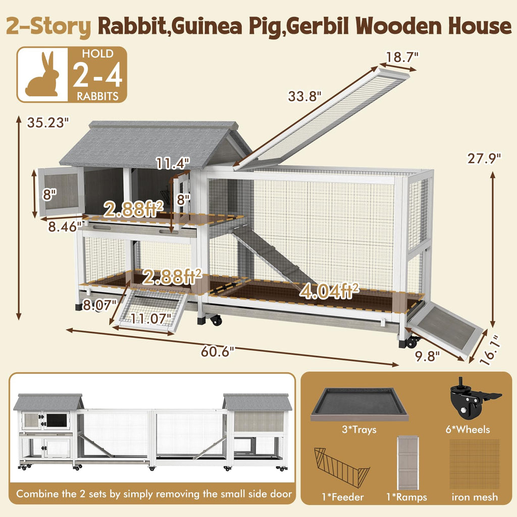 2-Story Wooden Rabbit Hutch with 3 Removable Trays I442