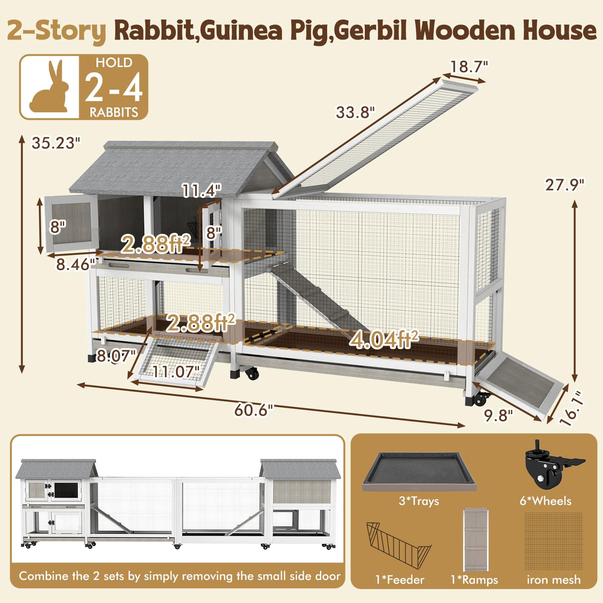 2-Story Wooden Rabbit Hutch with 3 Removable Trays I442