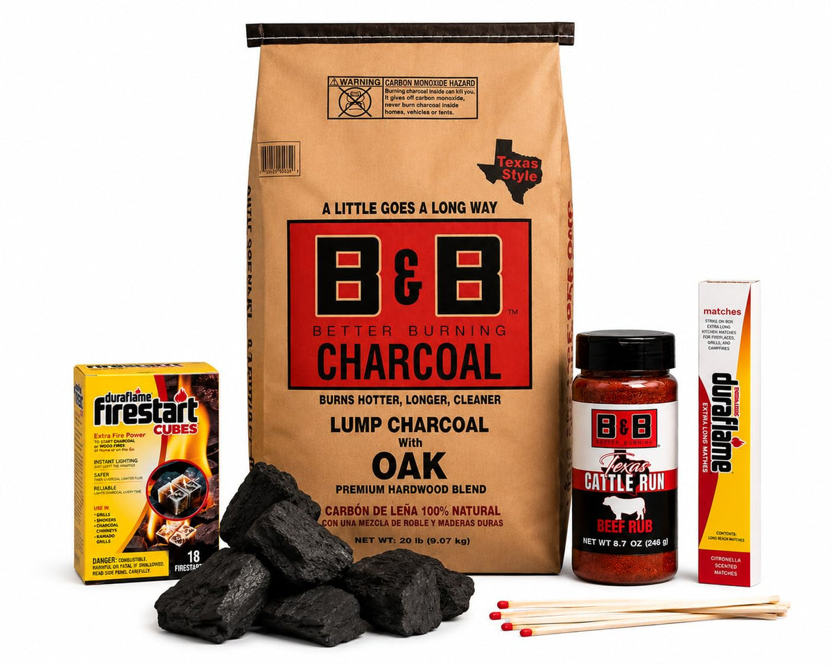 20 lb Oak Lump Charcoal BBQ Bundle with Firestart Cubes, Beef Rub & Grill Matches D216