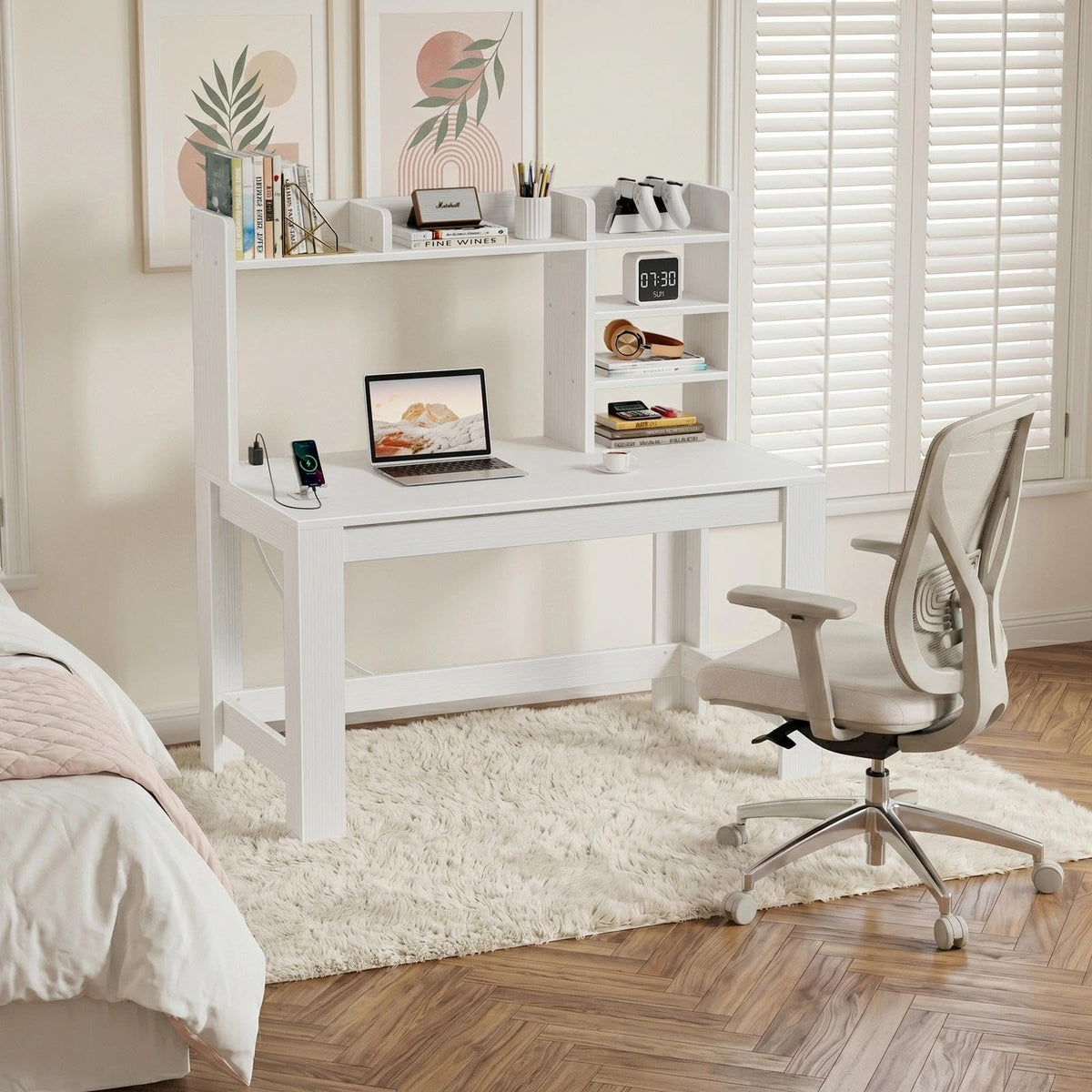 White Student Desk with Hutch and Built-in Power Outlet A36820
