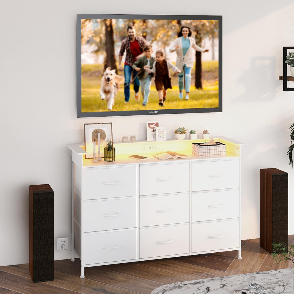 White 9 Drawer Dresser with LED Light and Charging Station I190727