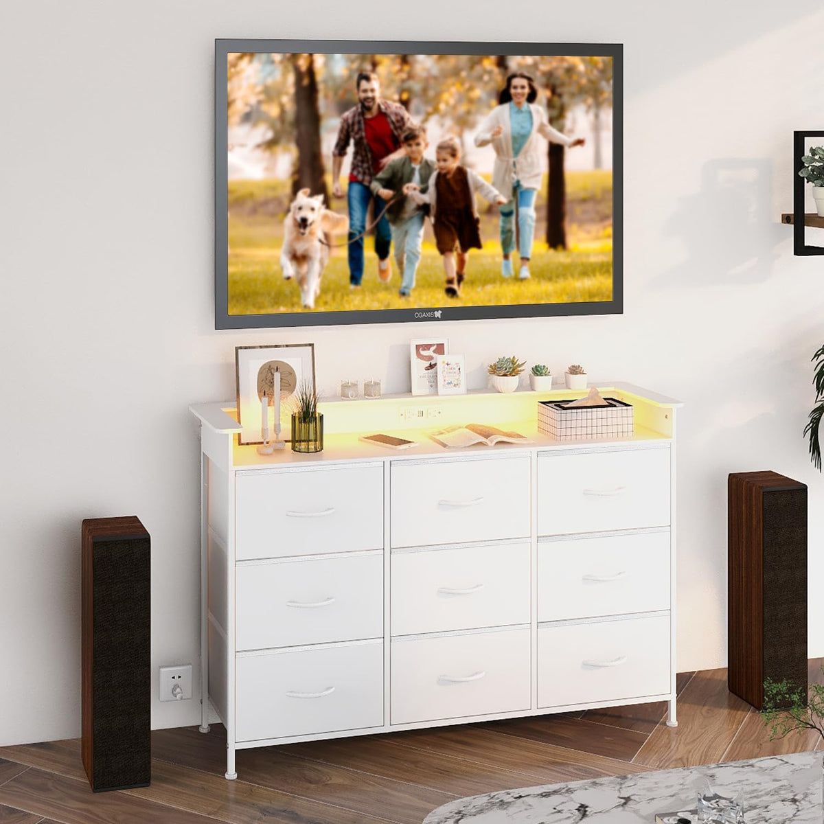 White 9 Drawer Dresser with LED Light and Charging Station I190727