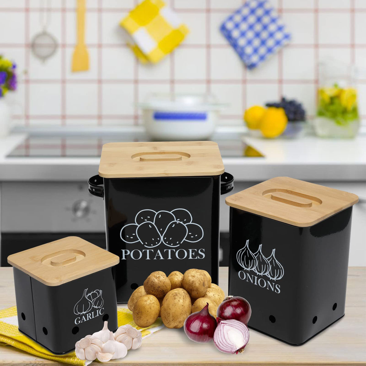 Black 3 Pack Kitchen Canisters Set with Wooden Lid I4936
