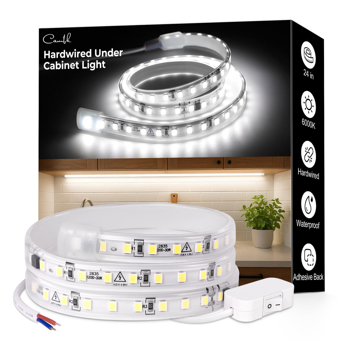 24inch 120V Wired Under Cabinet LED Strip Lights 6000K White Waterproof M4210
